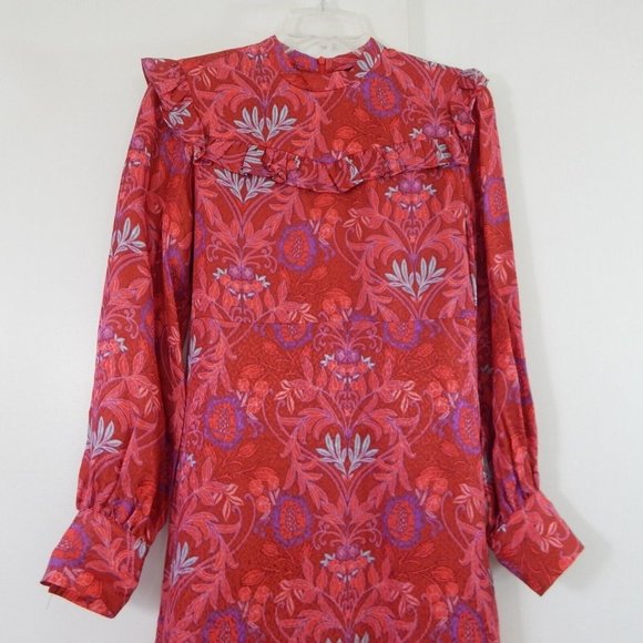 ZARA mini dress long sleeve floral ruffle retro jacquard party holiday red S - Picture 2 of 9